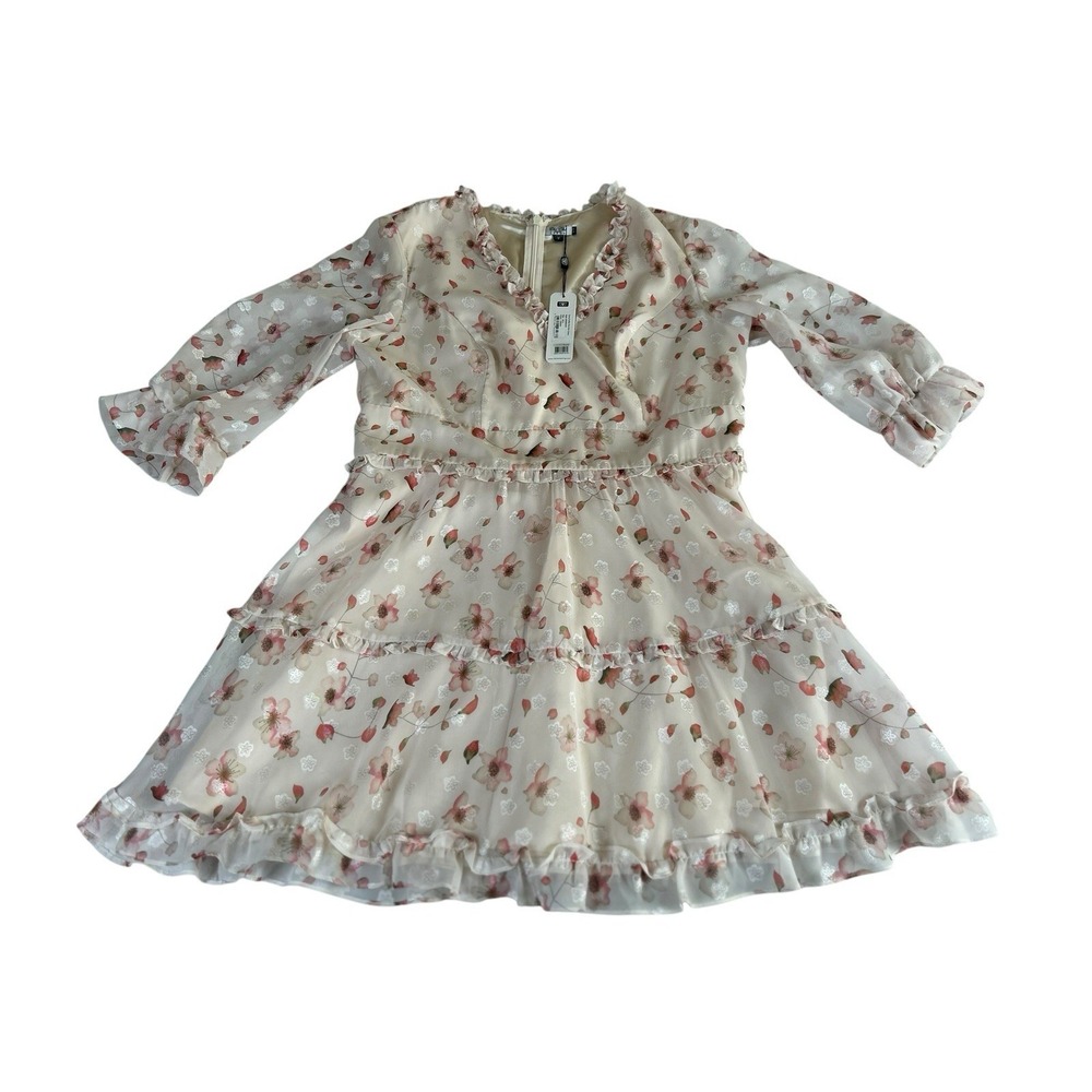Chi Chi London Dress Size 14 Cream Floral Print Ruffle Mini Lined-NWT